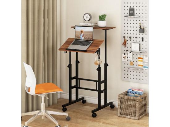 Vente Unique Bureau Assis-Debout à Roulettes Table Informatique à 2 Niveaux Pour Ordinateur Avec Hauteur Réglable Noyer
