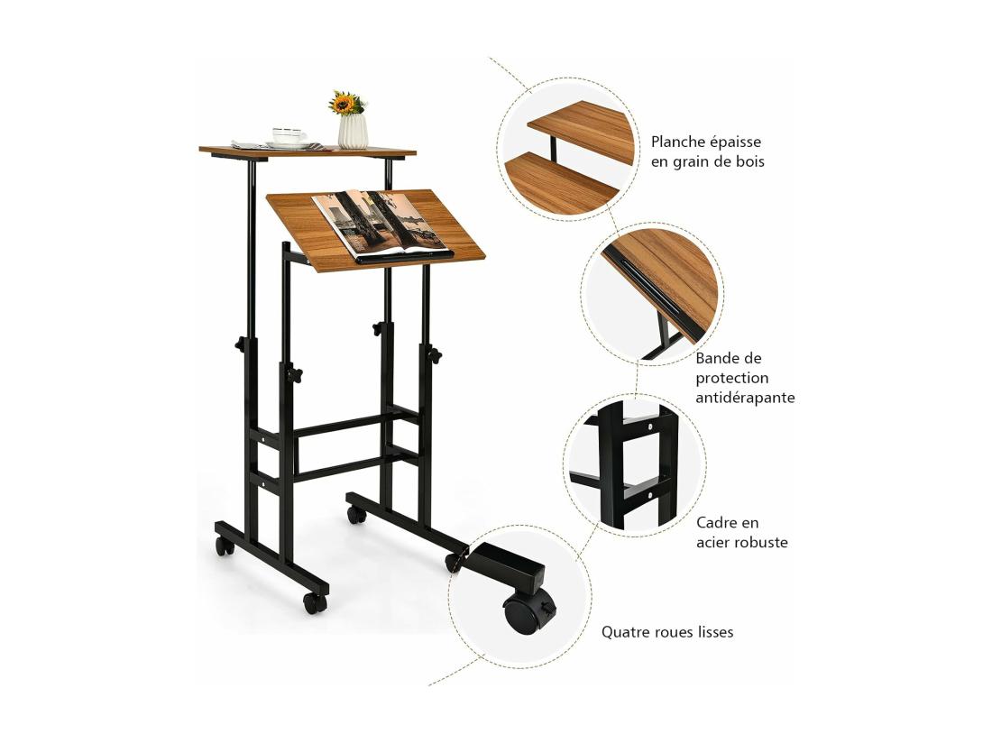 Vente Unique Bureau Assis-Debout à Roulettes Table Informatique à 2 Niveaux Pour Ordinateur Avec Hauteur Réglable Noyer