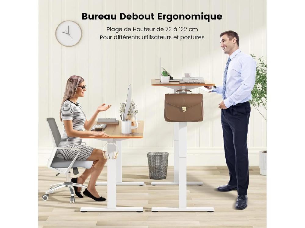 Vente Unique Bureau Assis Debout Électrique 140 X 60 Cm Bureau Électrique Réglable En Hauteur Avec Protection Anti-Collision 3 Hauteurs De Mémoire Passe-câbles Et Crochets (Naturel+Blanc)