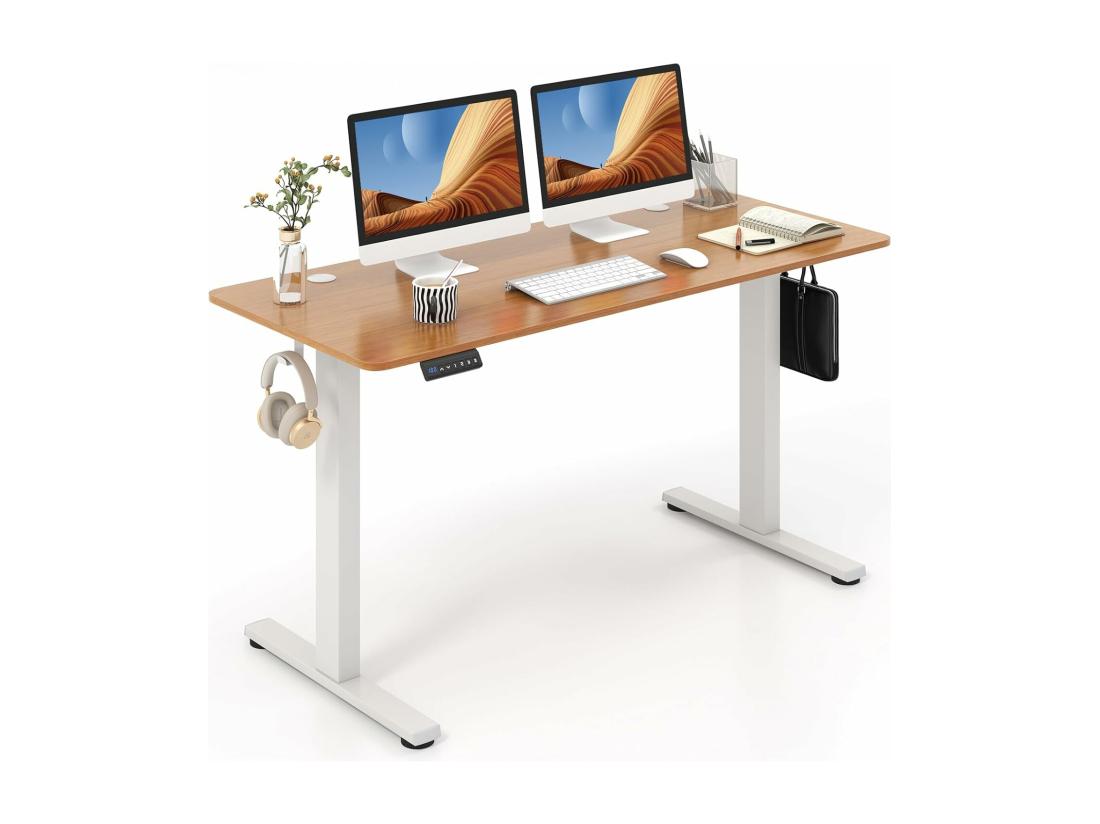 vente unique Bureau Assis Debout Électrique 140 x 60 cm Bureau Électrique Réglable en Hauteur avec Protection Anti-Collision 3 Hauteurs de Mémoire Passe-câbles et Crochets (Naturel+Blanc)