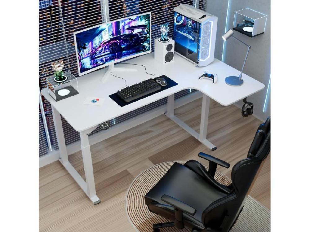Vente Unique Bureau Assis Debout électrique Réglable En Hauteur Bureau En L à 2 Moteurs Bureau D’angle Panneau Super Stabilité 180x110x72-117cm Moderne Blanc