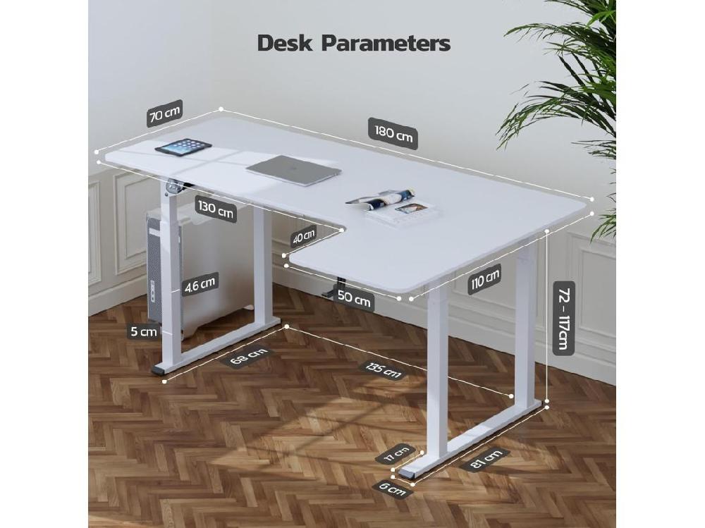 Vente Unique Bureau Assis Debout électrique Réglable En Hauteur Bureau En L à 2 Moteurs Bureau D’angle Panneau Super Stabilité 180x110x72-117cm Moderne Blanc