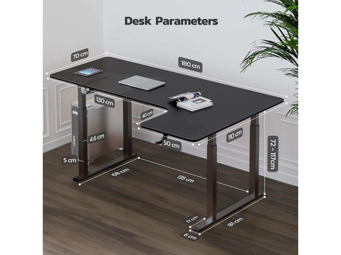 Vente Unique Bureau Assis Debout électrique Réglable En Hauteur Bureau En L à 2 Moteurs Bureau D’angle Panneau Super Stabilité 180x110x72-117cm Moderne Noir