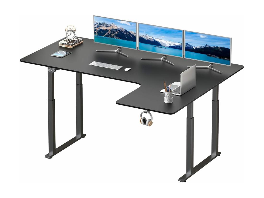 vente unique Bureau Assis Debout électrique réglable en hauteur Bureau en L à 2 moteurs Bureau d’angle Panneau Super stabilité 180x110x72-117cm Moderne Noir
