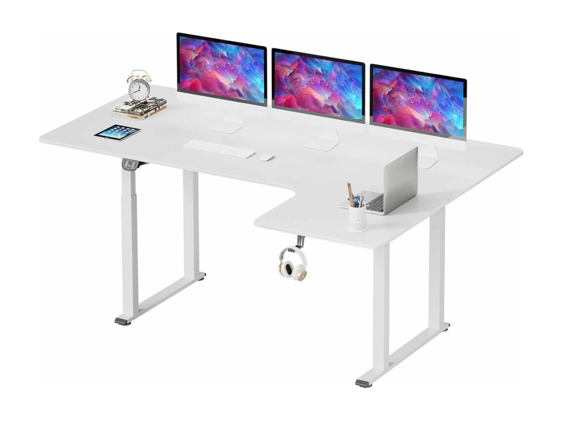 vente unique Bureau Assis Debout électrique réglable en hauteur Bureau en L à 2 moteurs Bureau d’angle Panneau Super stabilité 180x110x72-117cm Moderne Blanc
