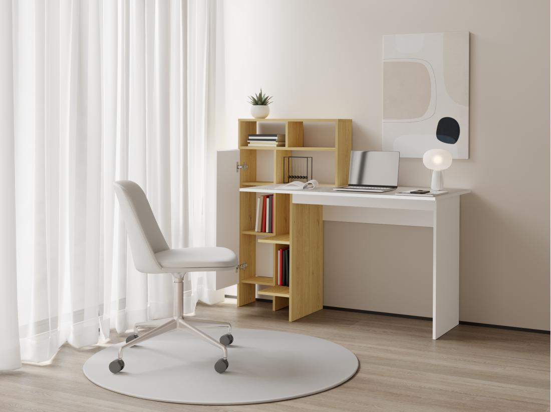 Vente Unique Bureau Avec 1 Placard Et 4 Niches - Blanc Et Naturel - MONTOLANIA