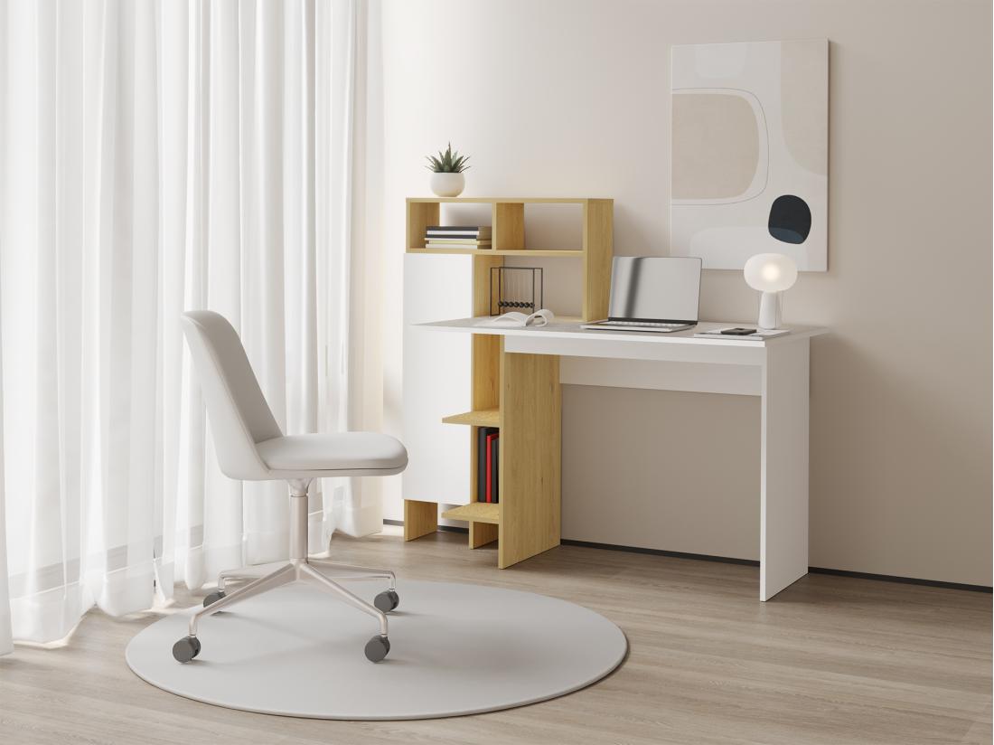 vente unique Bureau avec 1 placard et 4 niches - Blanc et naturel - MONTOLANIA