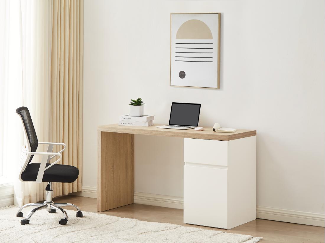 vente unique Bureau avec 1 tiroir et 1 placard - Coloris : Naturel et blanc - ACUNEZA