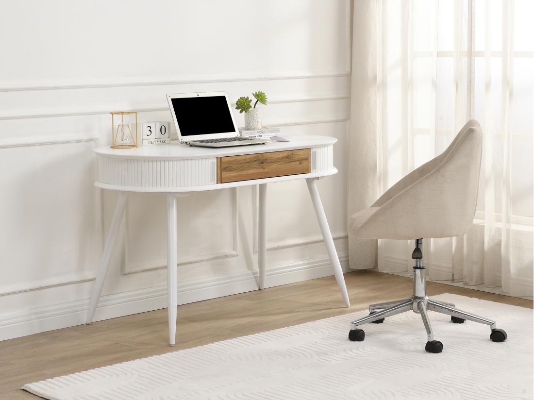 vente unique Bureau avec 1 tiroir et 2 portes coulissantes - Coloris : Blanc et naturel - VELURANI