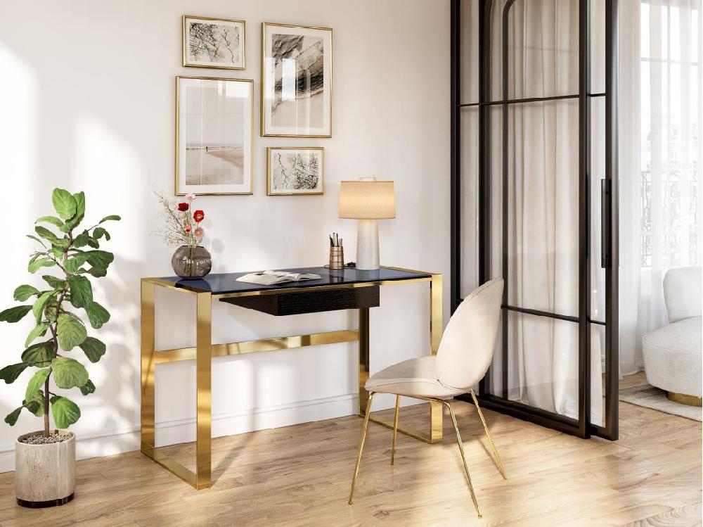 vente unique Bureau avec 1 tiroir - Verre trempé et acier - Noir et doré - SALI de Pascal Morabito