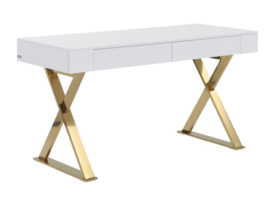 Vente Unique Bureau Avec 2 Tiroirs - MDF Laqué Et Métal - Blanc Et Doré - PLEISA II De Pascal Morabito