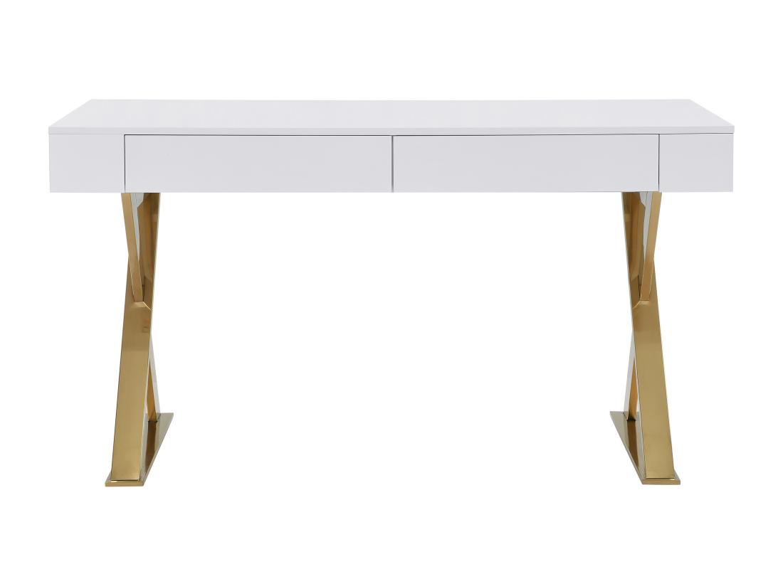 Vente Unique Bureau Avec 2 Tiroirs - MDF Laqué Et Métal - Blanc Et Doré - PLEISA II De Pascal Morabito
