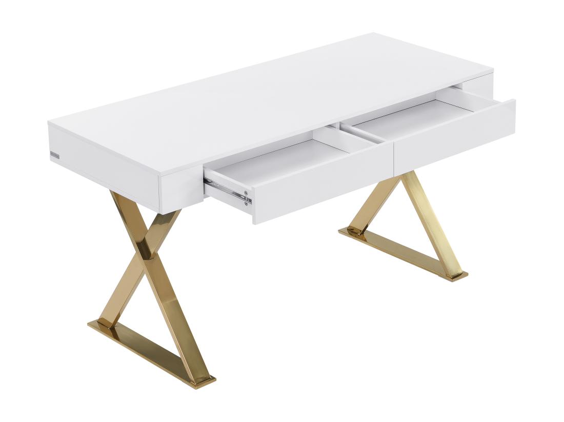 Vente Unique Bureau Avec 2 Tiroirs - MDF Laqué Et Métal - Blanc Et Doré - PLEISA II De Pascal Morabito
