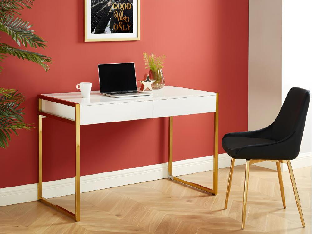 vente unique Bureau avec 2 tiroirs - MDF laqué et métal - Blanc et doré - MASON de Pascal Morabito