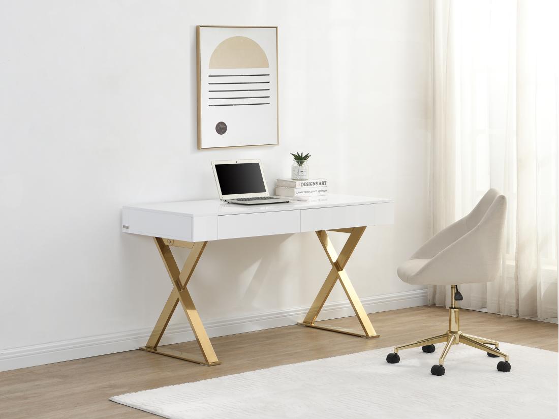 vente unique Bureau avec 2 tiroirs - MDF laqué et métal - Blanc et doré - PLEISA II de Pascal Morabito