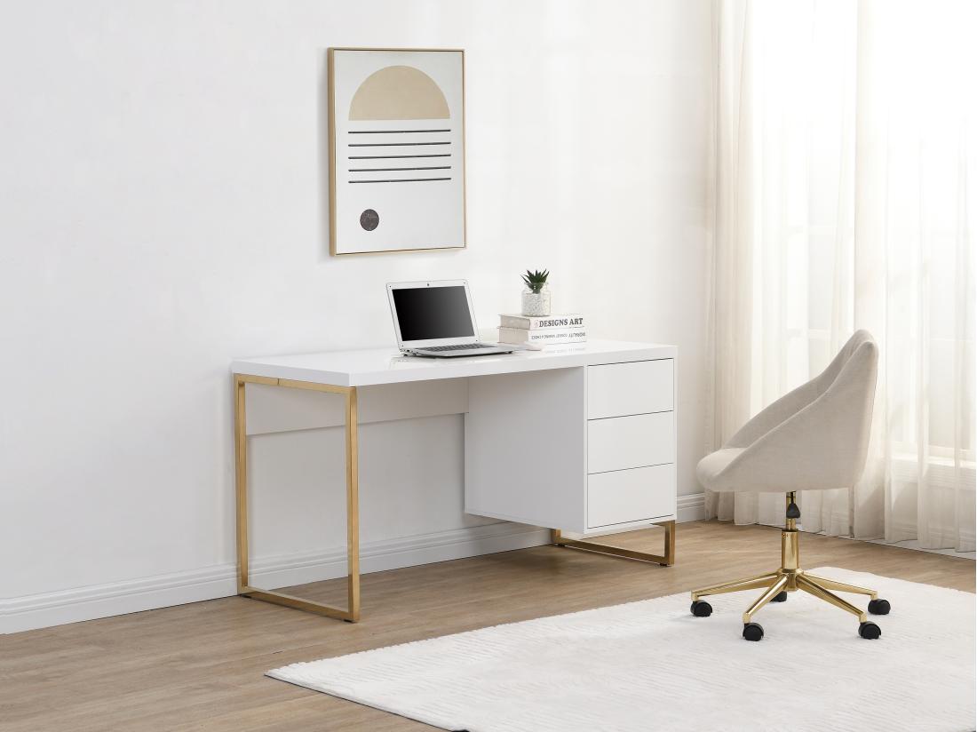 vente unique Bureau avec 3 tiroirs - MDF laqué et métal - Blanc et doré - TIMFIA II de Pascal Morabito