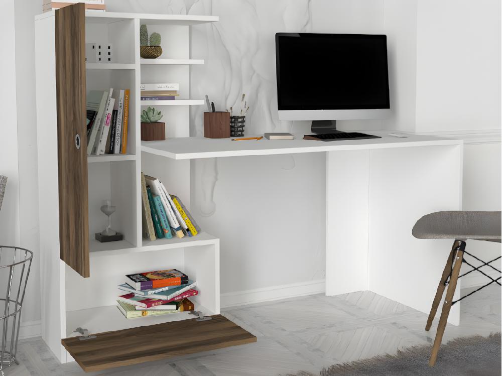 Vente Unique Bureau Avec Armoire De Rangements - Blanc Et Naturel - MIDIALI II