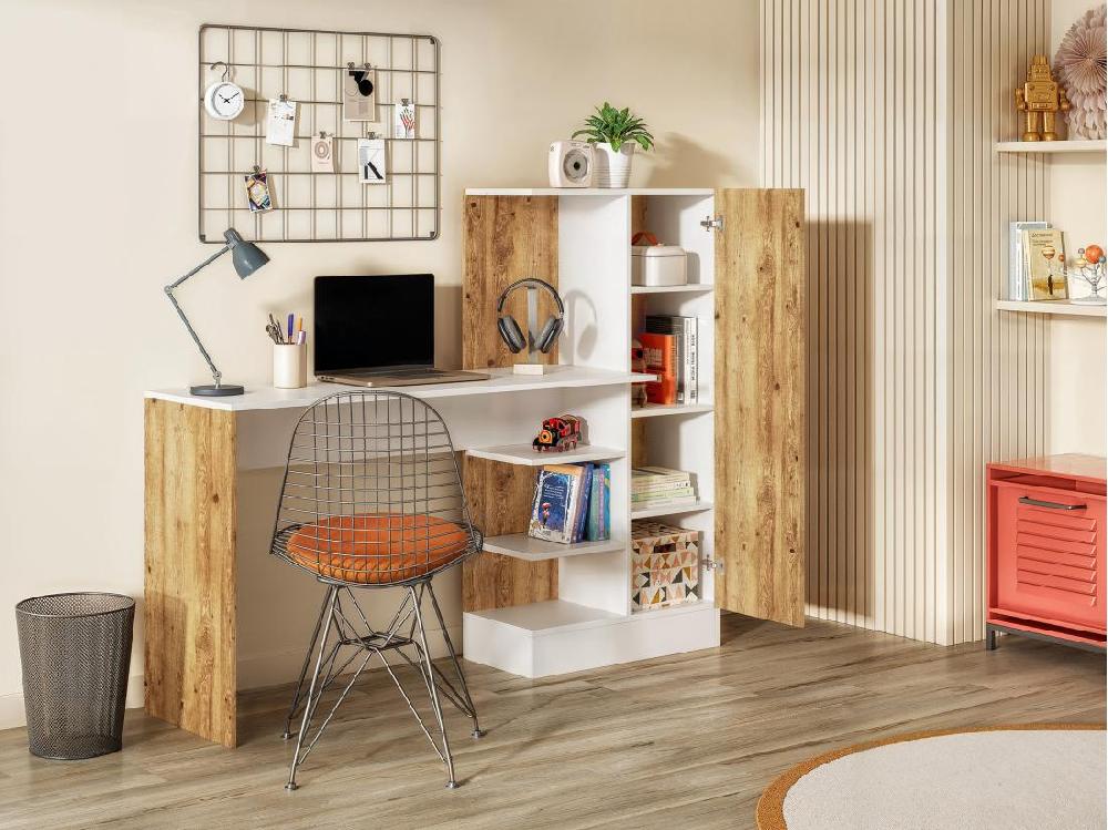 Vente Unique Bureau Avec Armoire De Rangements - Coloris : Naturel Et Blanc - MILARIA
