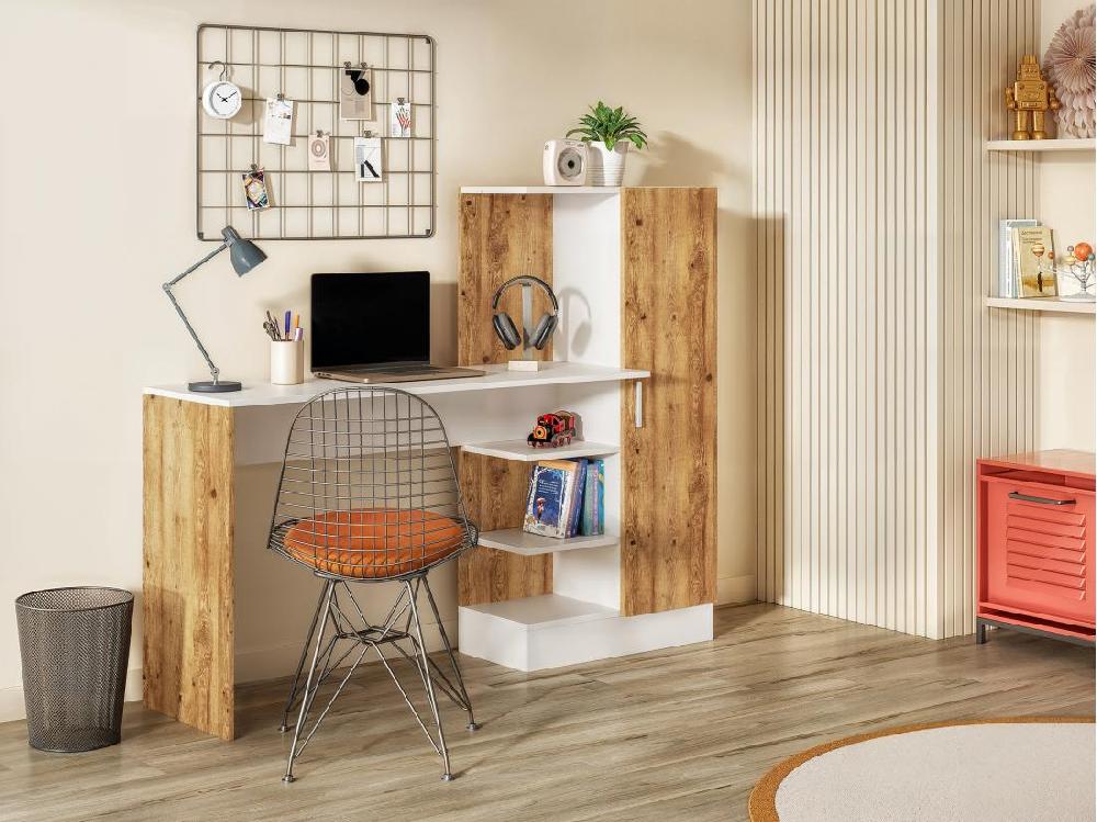 vente unique Bureau avec armoire de rangements - Coloris : Naturel et blanc - MILARIA