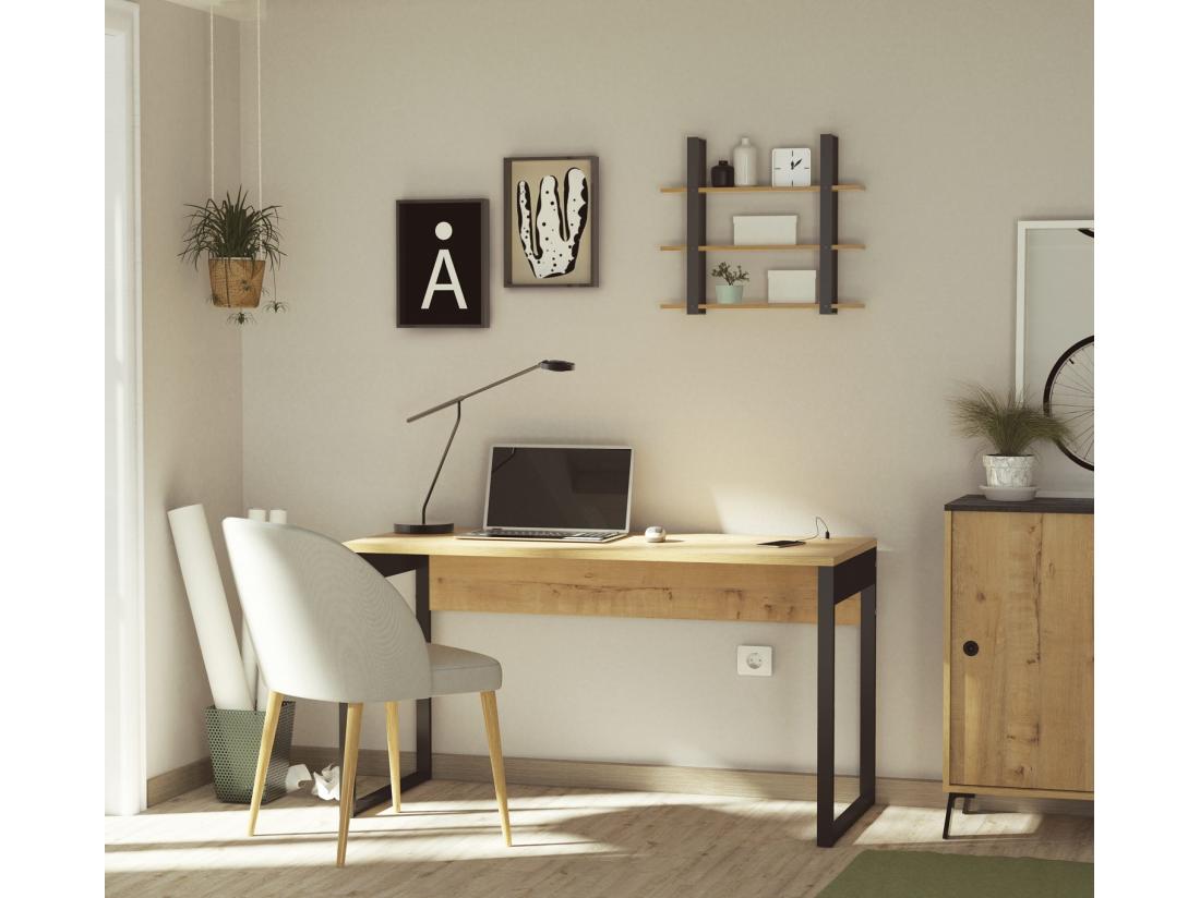 Vente Unique Bureau Avec Ports USB En Aggloméré Finition Chêne Doré Et Pieds En Métal Noir - Longueur 135 X Profondeur 60 X Hauteur 76 Cm