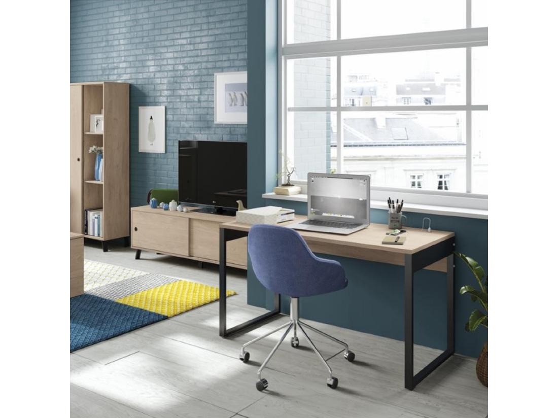 Vente Unique Bureau Avec Ports USB En Aggloméré Finition Chêne Doré Et Pieds En Métal Noir - Longueur 135 X Profondeur 60 X Hauteur 76 Cm
