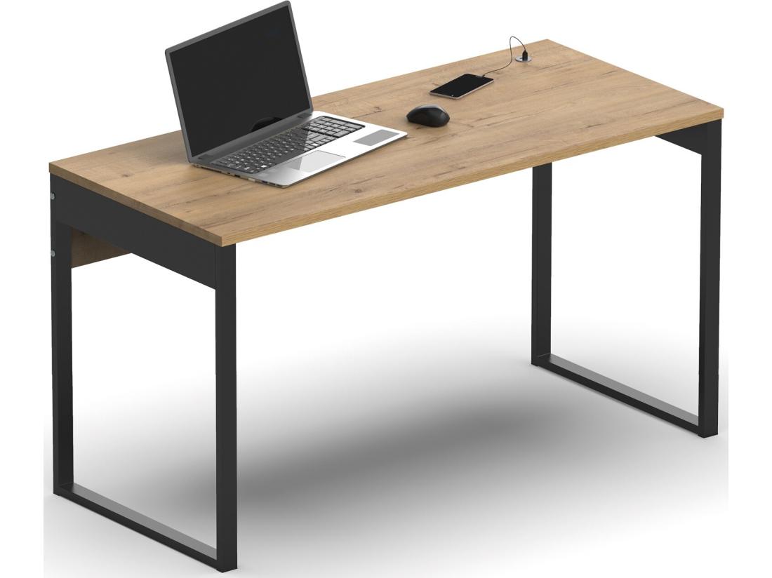 vente unique Bureau avec ports USB en aggloméré finition chêne doré et pieds en métal noir - Longueur 135 x Profondeur 60 x Hauteur 76 cm