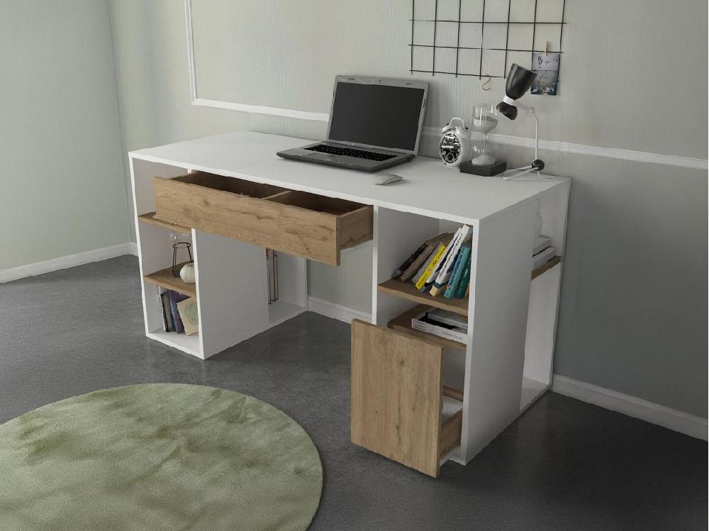 Vente Unique Bureau Avec Rangements - Blanc Et Naturel - MELAVA