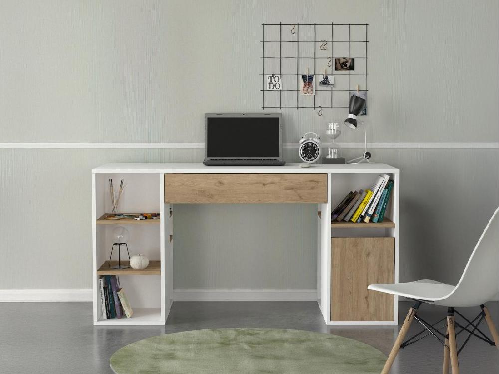 Vente Unique Bureau Avec Rangements - Blanc Et Naturel - MELAVA