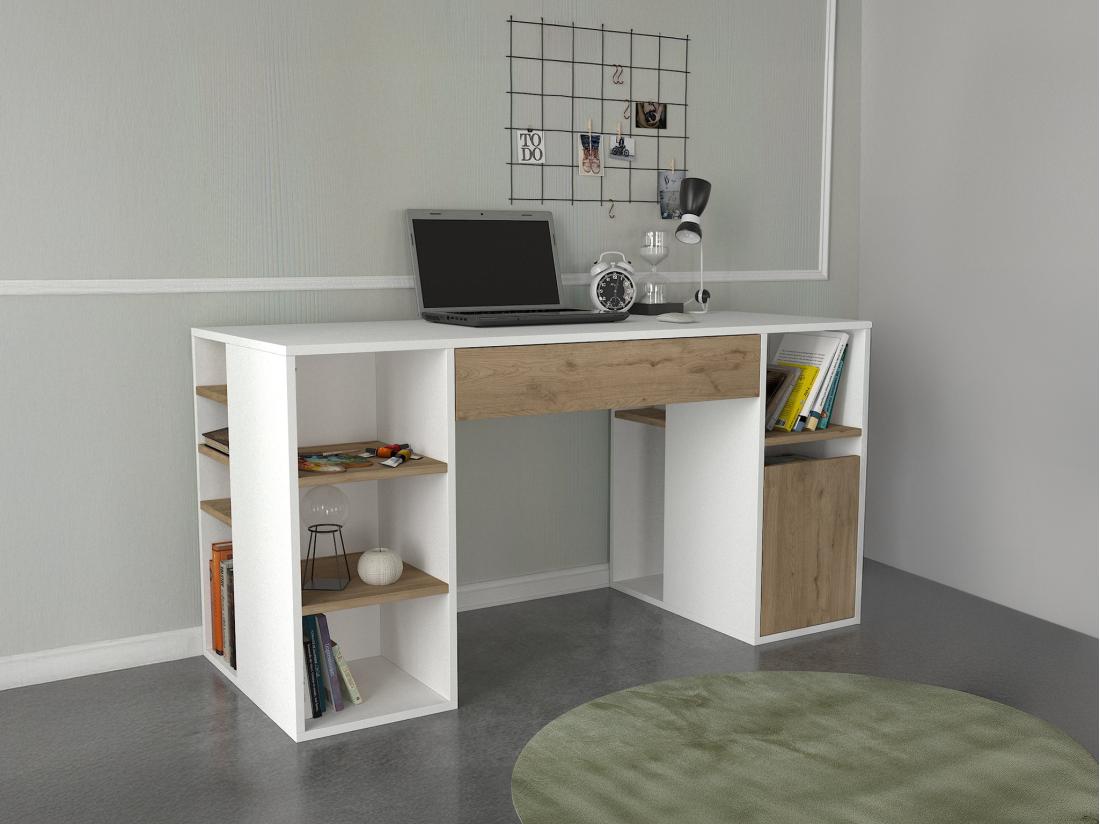 vente unique Bureau avec rangements - Blanc et naturel - MELAVA