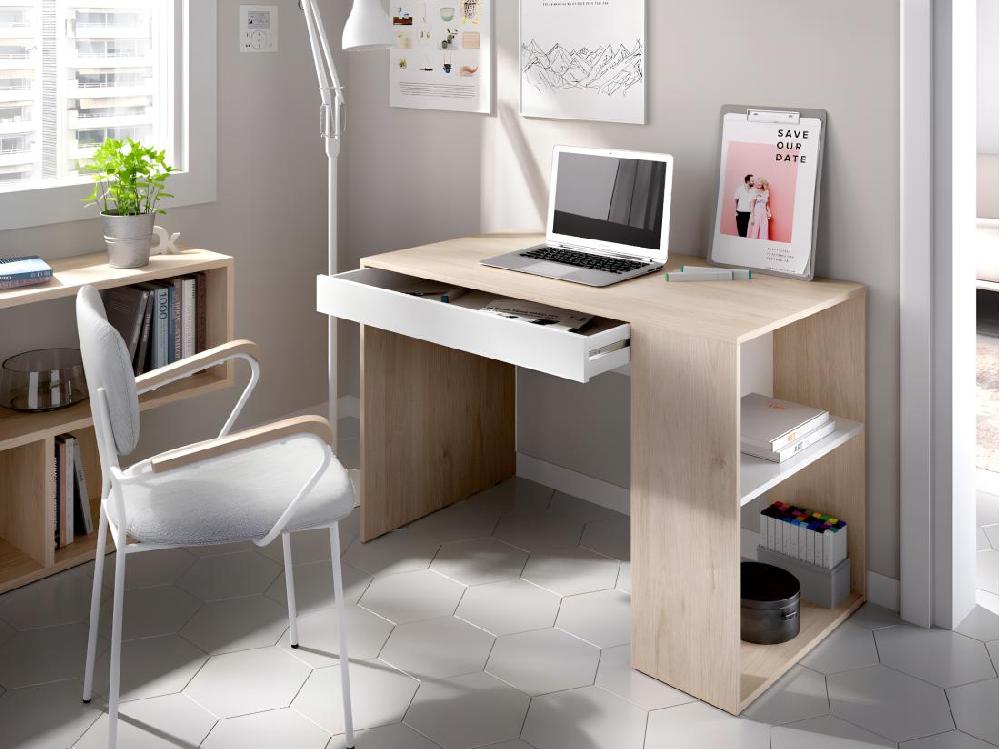 vente unique Bureau avec rangements INES - Coloris : Chêne et Blanc