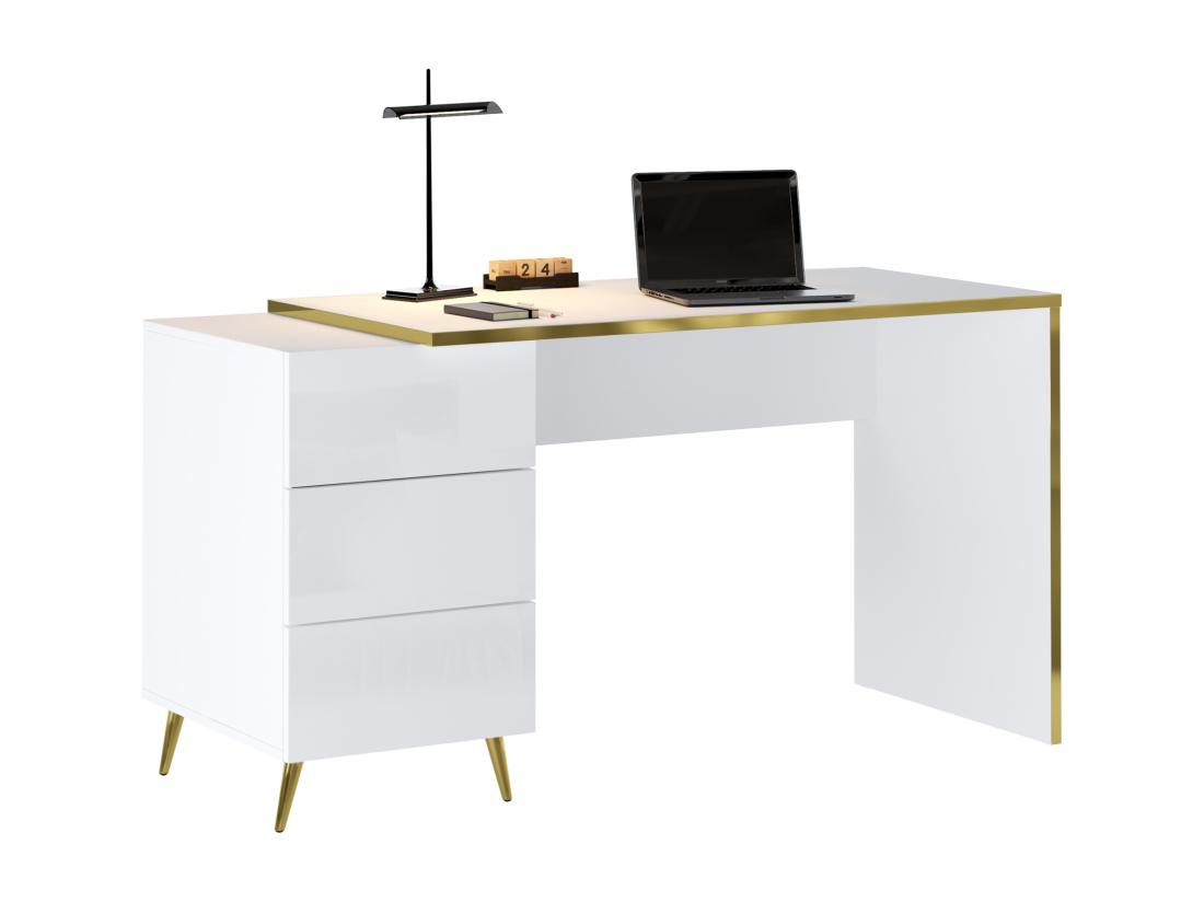 Vente Unique Bureau Avec Tiroirs - Blanc Brillant Et Doré - MARZIALO