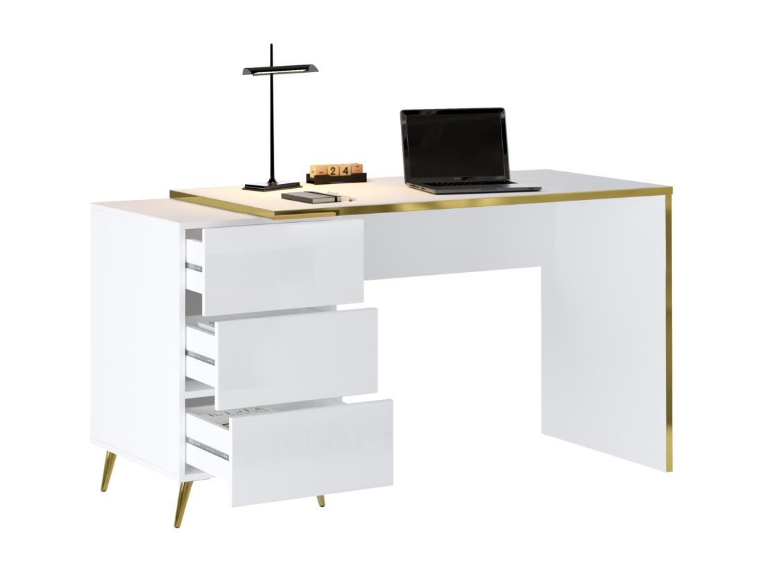 Vente Unique Bureau Avec Tiroirs - Blanc Brillant Et Doré - MARZIALO