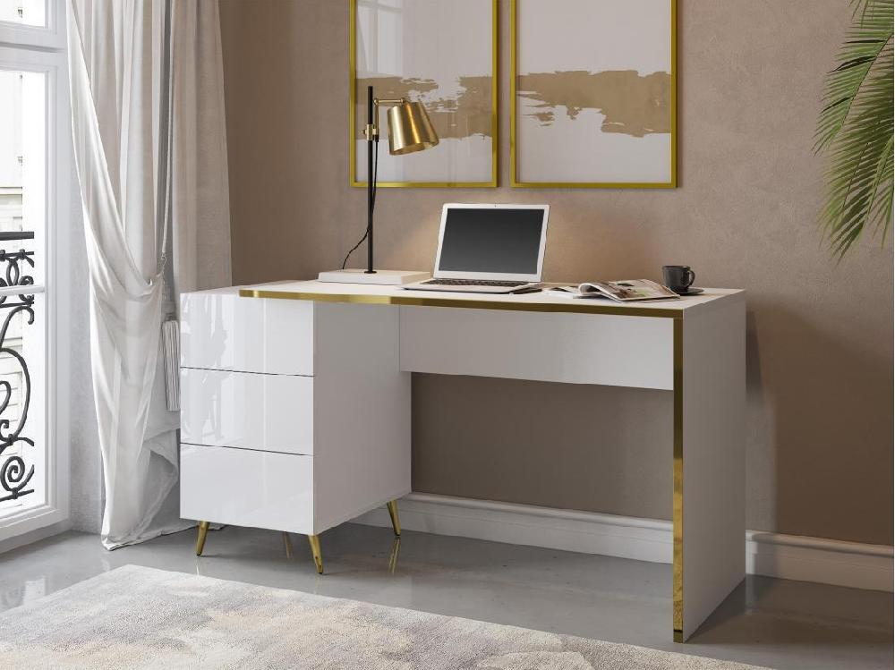 vente unique Bureau avec tiroirs - Blanc brillant et doré - MARZIALO