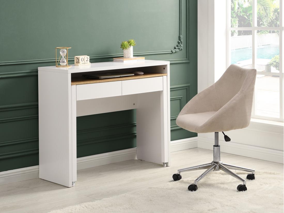 Vente Unique Bureau Console Extensible Avec 2 Tiroirs - Blanc Et Naturel - LOAVIA