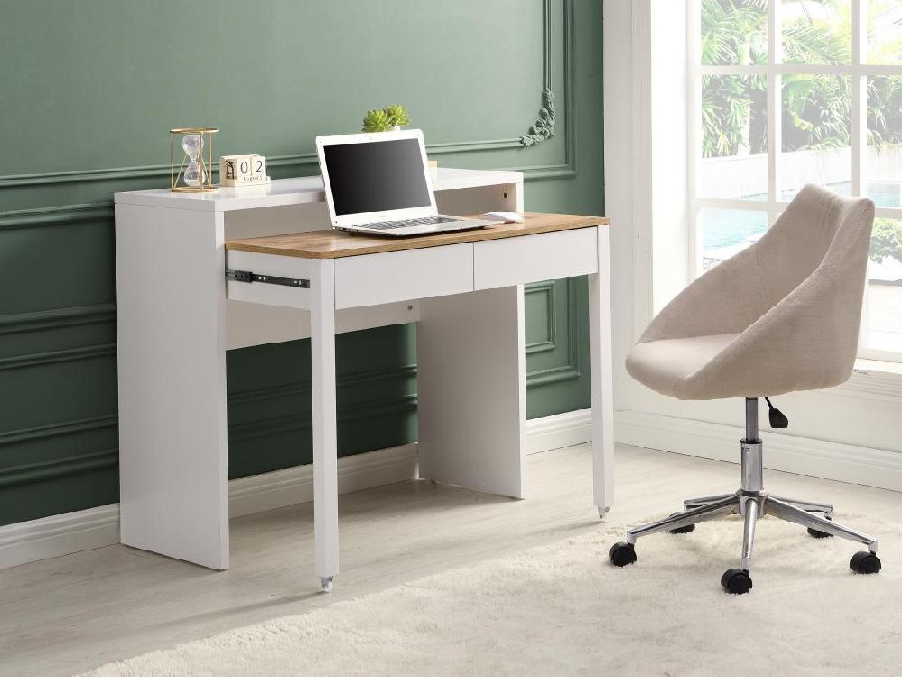 vente unique Bureau console extensible avec 2 tiroirs - Blanc et naturel - LOAVIA