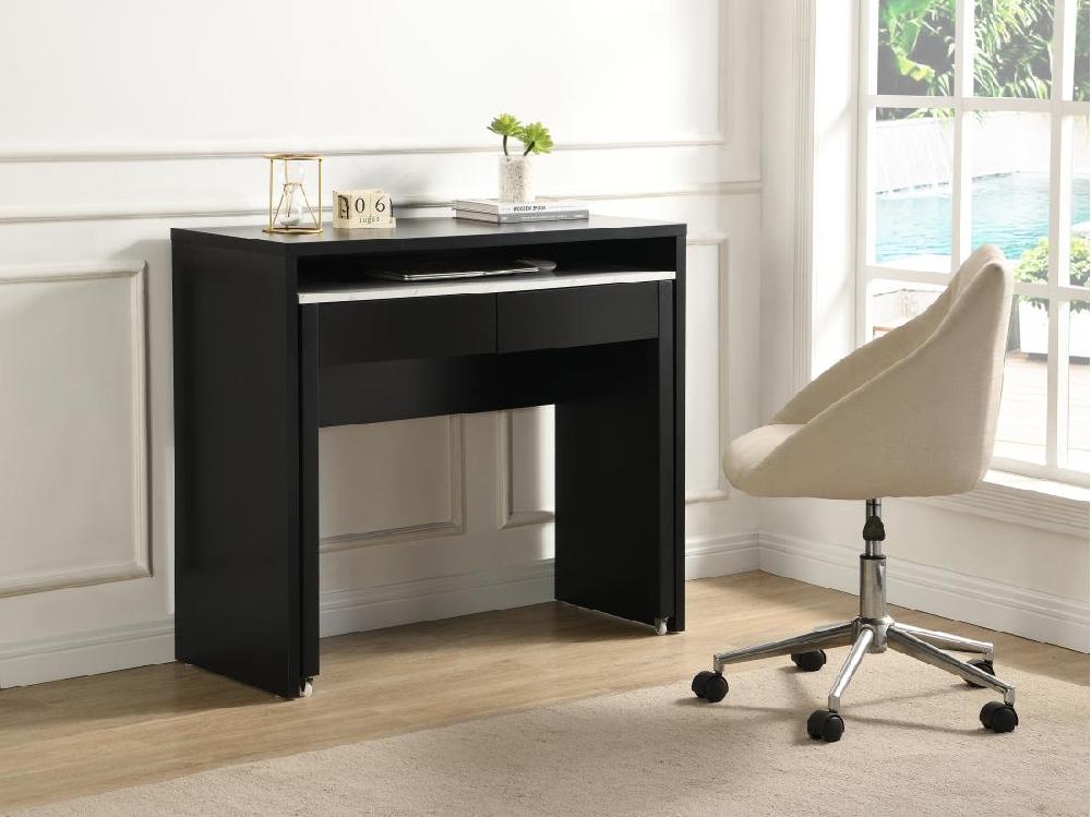 Vente Unique Bureau Console Extensible Avec 2 Tiroirs - Noir Et Effet Marbre Blanc - LOAVIA