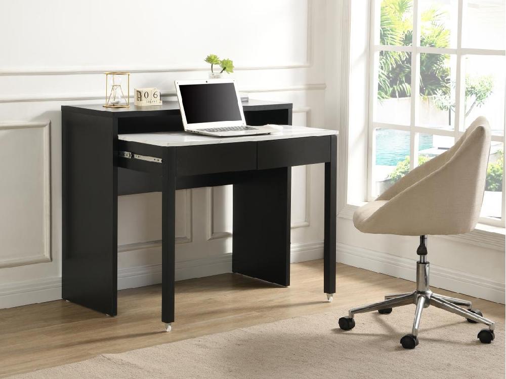 vente unique Bureau console extensible avec 2 tiroirs - Noir et effet marbre blanc - LOAVIA