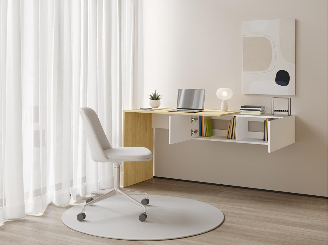 Vente Unique Bureau Console Suspendu Avec 2 Placards - Coloris : Naturel Et Blanc - MOLAWA