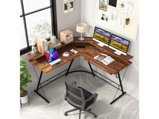 Vente Unique Bureau D'angle 130 X 130 Cm Bureau D'Ordinateur En Forme De L Avec Long Support De Moniteur Plateau à Clavier Table Informatique Avec 2 Prises De Courant & 2 USB (Marron Rustique)