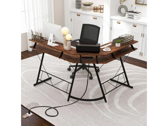 Vente Unique Bureau D'angle 130 X 130 Cm Bureau D'Ordinateur En Forme De L Avec Long Support De Moniteur Plateau à Clavier Table Informatique Avec 2 Prises De Courant & 2 USB (Marron Rustique)