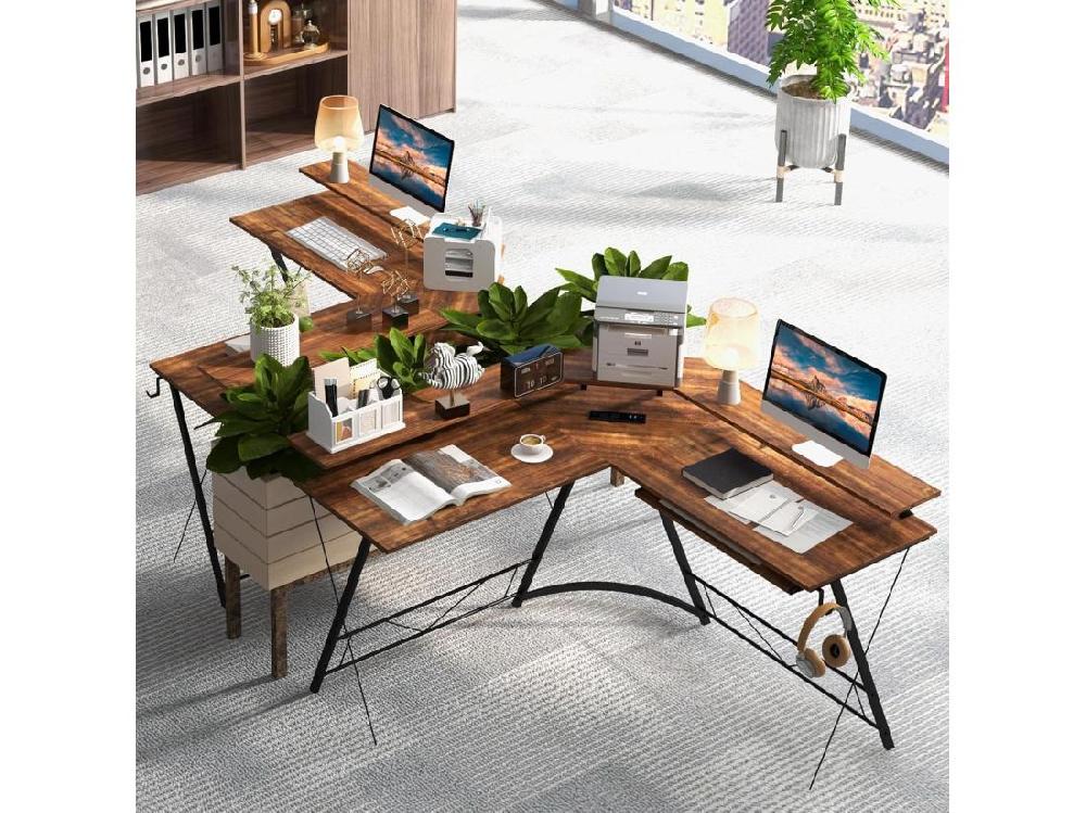 Vente Unique Bureau D'angle 130 X 130 Cm Bureau D'Ordinateur En Forme De L Avec Long Support De Moniteur Plateau à Clavier Table Informatique Avec 2 Prises De Courant & 2 USB (Marron Rustique)