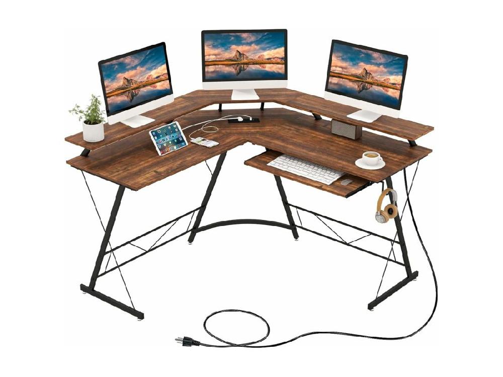 vente unique Bureau d'angle 130 x 130 cm Bureau d'Ordinateur en Forme de L avec Long Support de Moniteur Plateau à Clavier Table Informatique avec 2 Prises de Courant & 2 USB (Marron Rustique)
