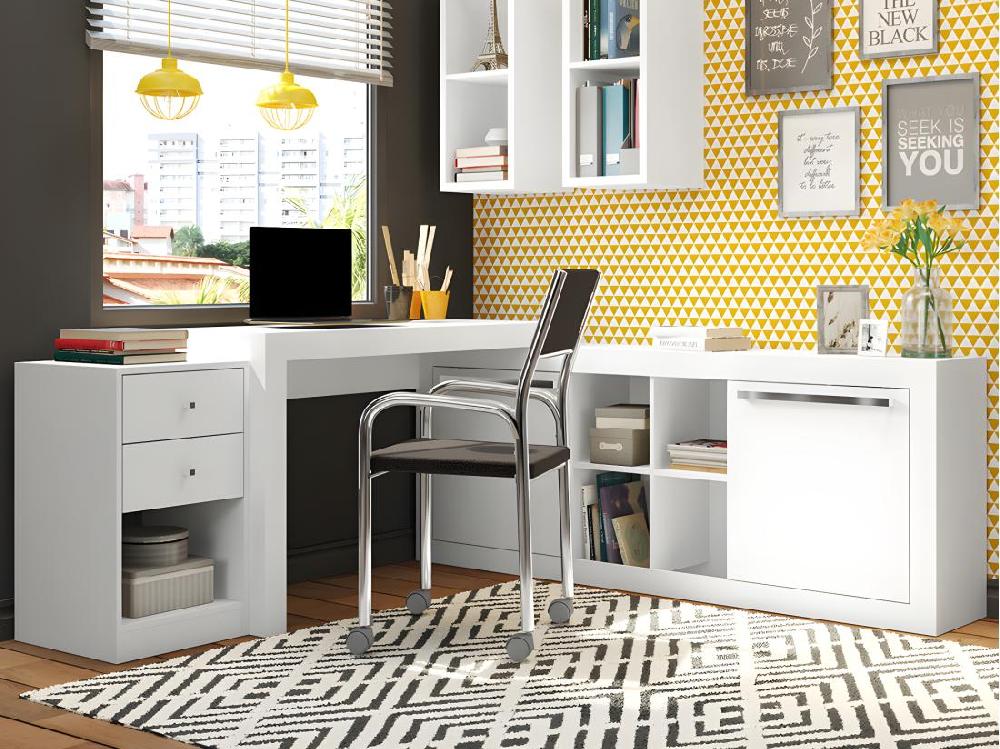vente unique Bureau d'angle - 2 tiroirs et 2 portes - Coloris : Blanc - EVAN