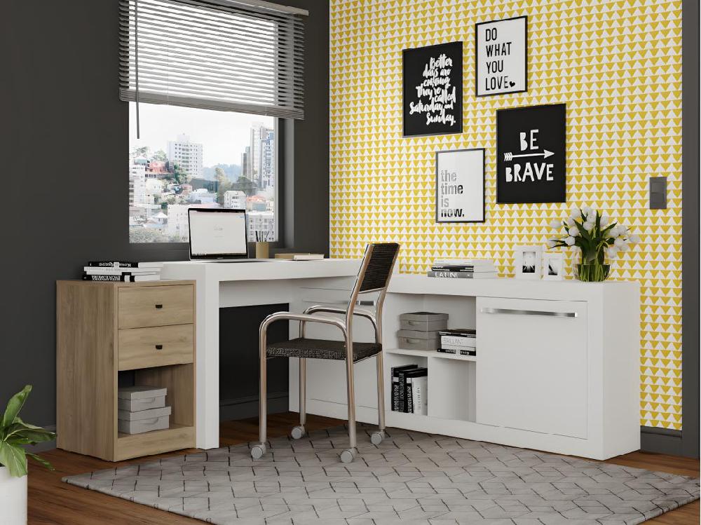 vente unique Bureau d'angle - 2 tiroirs et 2 portes - Coloris : Blanc et chêne - EVAN