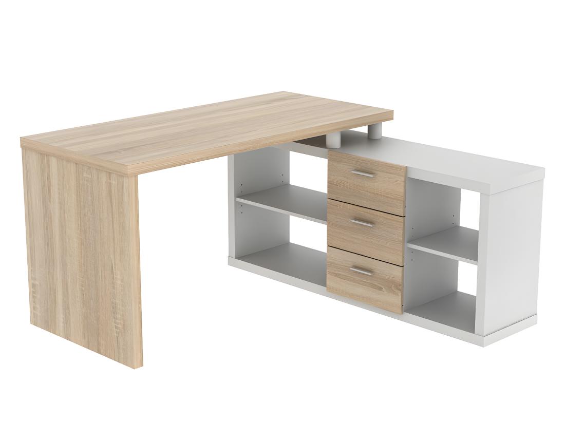 Vente Unique Bureau D'angle Avec Rangements ALDRIC III - Blanc & Chêne