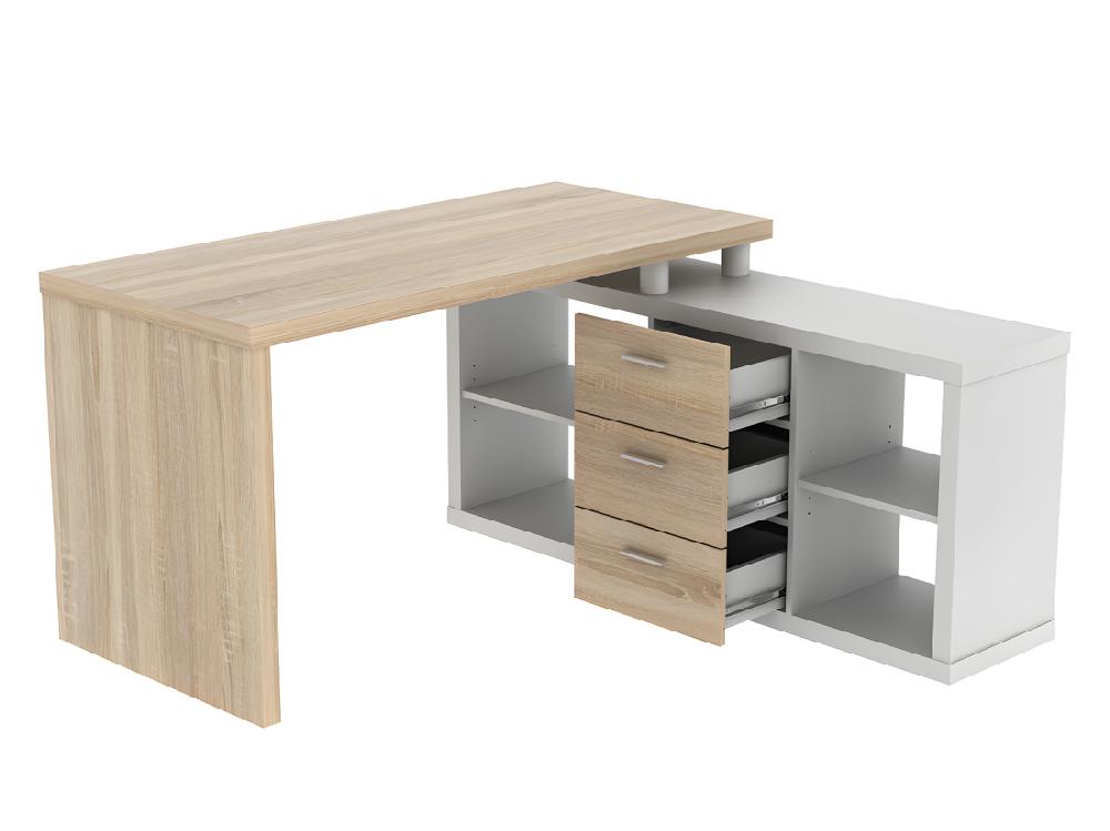 Vente Unique Bureau D'angle Avec Rangements ALDRIC III - Blanc & Chêne