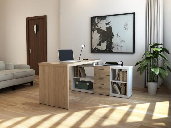 vente unique Bureau d'angle avec rangements ALDRIC III - Blanc & Chêne