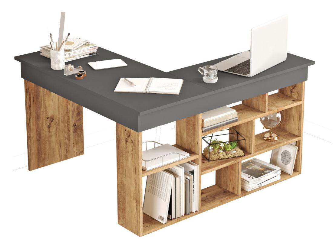 Vente Unique Bureau D'angle Avec Rangements - Coloris : Anthracite Et Naturel - LILEUL