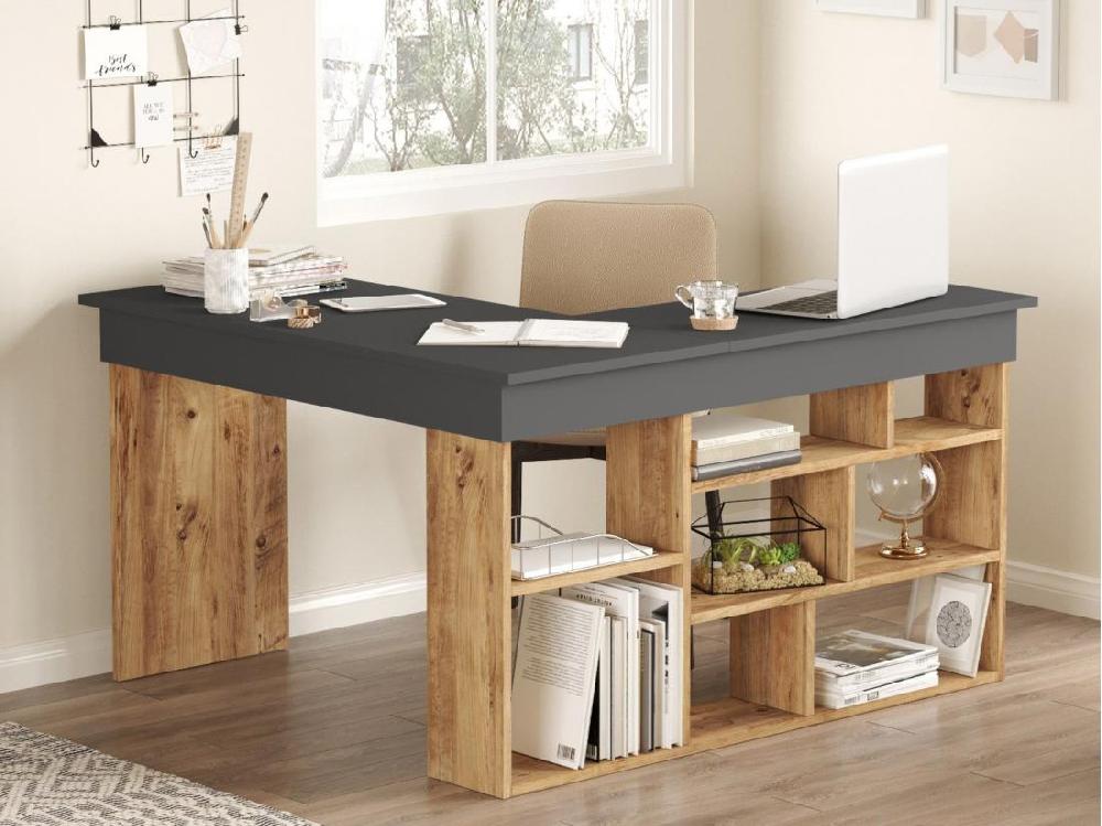 vente unique Bureau d'angle avec rangements - Coloris : Anthracite et naturel - LILEUL