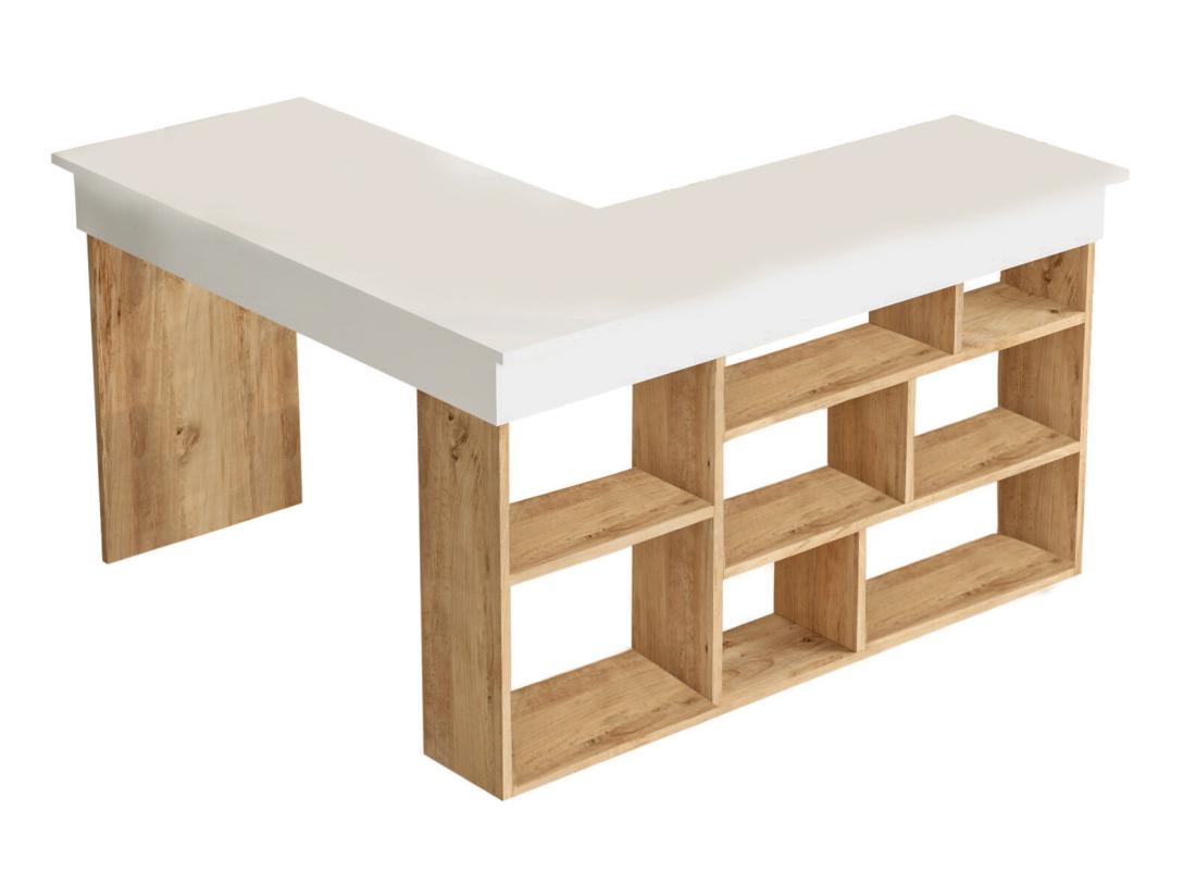 Vente Unique Bureau D'angle Avec Rangements - Coloris : Blanc Et Naturel - LILEUL